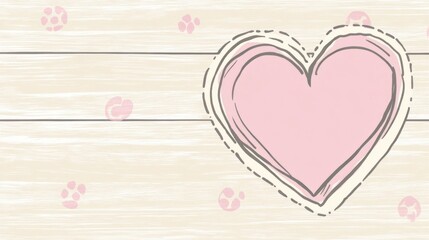 Hand-drawn Pink Heart on Wooden Background with Paw Prints Perfect for Valentine's Day, Pet-themed Designs, or Romantic Projects.