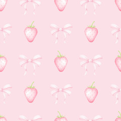 strawberry, bow. Watercolor seamless pattern in pastel colors for textile and wrapping paper. Cute illustration of food and festive ribbons for mother's day, valentine's day, birthday