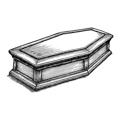 Casket Coffin Wood Box Top View Black and White Outline Line Art Drawing Engraving Style
