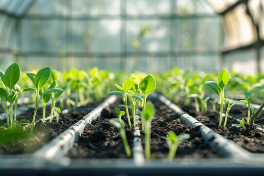 Vibrant seedlings thriving in a sunlit greenhouse environment for sustainable agriculture
