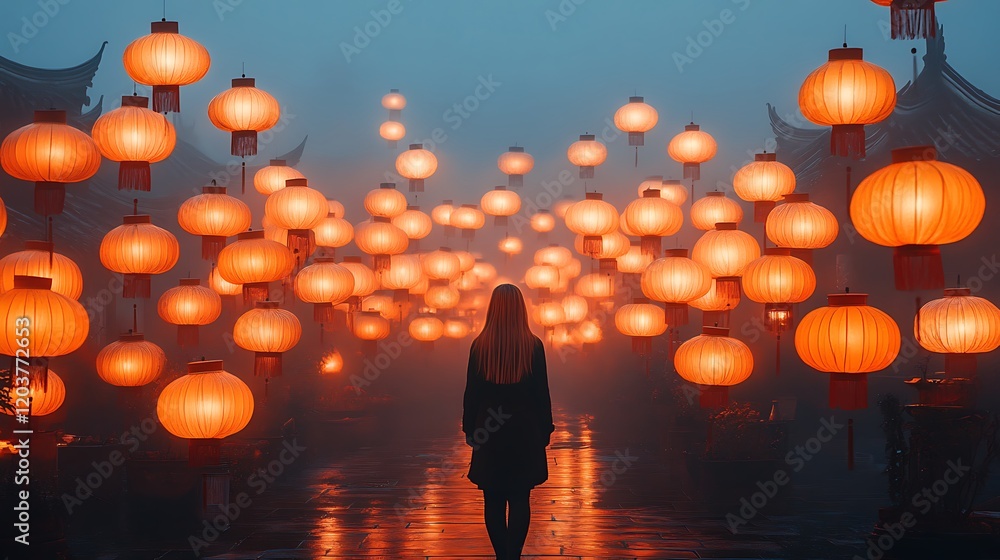 Poster path of lanterns: a lone woman walks through a mystical alleyway illuminated by rows of glowing red 