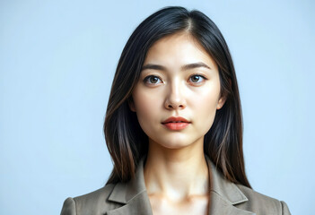 Portrait of young woman with long dark hair wearing taupe blazer against light gray background