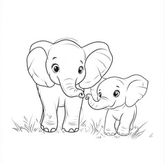 Naklejka premium Cute elephants mother and baby in grass coloring page