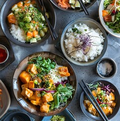 Overhead view of food served in bowl on table