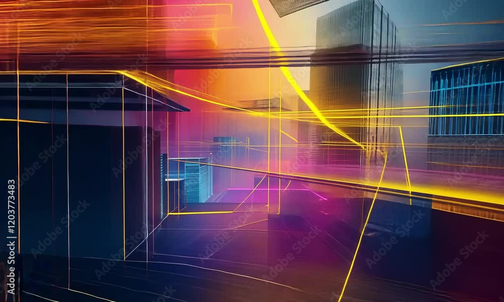 Poster vibrant abstract cityscape with colorful overlays and dynamic lines for modern art and design projec