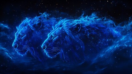 Two cosmic blue lions with glowing fur and starry background in a surreal composition