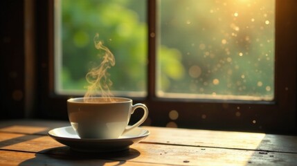 Warm Morning Beverage by the Window, Steam Rising, Sunlight Illuminating Wooden Surface