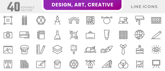 Design, art, Creative line icon set.  Inspiration, painting, creative tools, creativity, ideas, innovation, graphic design, portfolio, creative process line icon set. UI thin line icon pack.