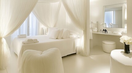 Luxurious White Hotel Bedroom Interior Design. Serene and Elegant Space with Canopy Bed, Soft Lighting, and White Decor.
