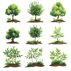 Fototapeta premium set of vector illustrations on a white background, with various types of trees and plants growing from the soil. 