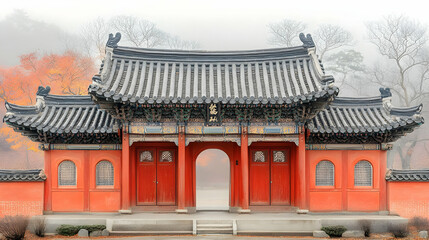 Fototapeta premium Misty autumn temple gate, Korea, travel