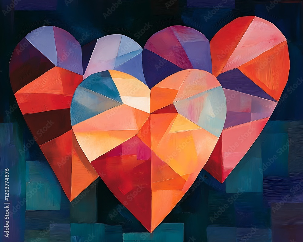 Poster Three abstract hearts, geometric facets, vibrant colors, dark background.