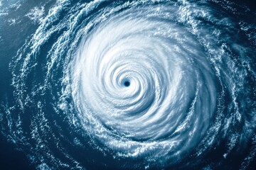 Close-up of a hurricane's eye with swirling clouds in a dramatic spiral pattern over the ocean, showcasing powerful natural phenomena.