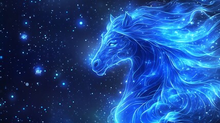 A digital rendering of a majestic horse composed of luminous blue lines set against a starry night