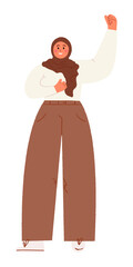 Confident woman wearing hijab, raising her arm with closed fist in celebration or empowerment. Diversity, strength, inclusion, equality concept. Modern flat vector illustration in neutral earthy tones