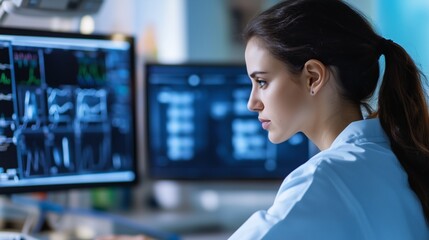 A woman is looking at a computer screen with multiple monitors. She is wearing a blue shirt and she is focused on her work
