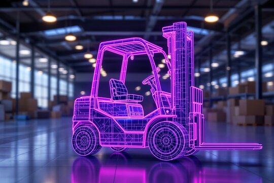 Neon forklift wireframe in warehouse background with creative light.