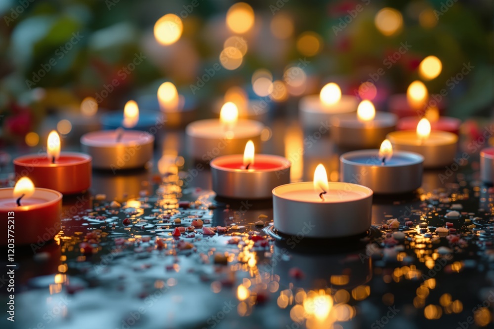 Poster softly lit candles glowing on a reflective surface in a bokeh background.