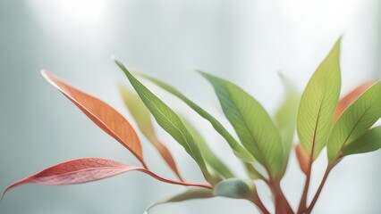 Close-up of vibrant green and red leaves against a soft, blurred background.