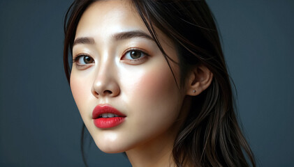 Fototapeta premium Close up portrait of young Asian woman with flawless skin and red lipstick dark hair frames face