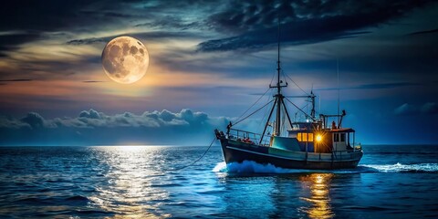 Fototapeta premium Low Light Trawl Fishing Boat at Sea - Dramatic Nighttime Fishing Scene