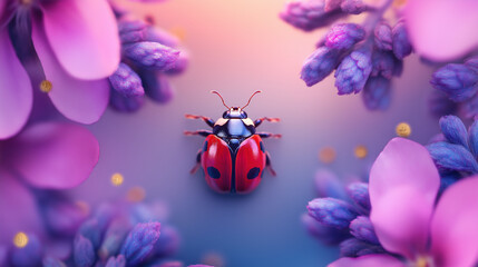 Fototapeta premium Ladybug surrounded by vibrant purple flowers. A beautiful close-up showcasing nature's artistry.