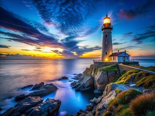 Fototapeta premium Luminous Lighthouse at Dusk, Azure Sky - Dramatic Coastal Scene