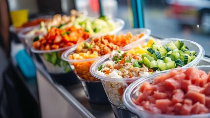 A Hawaiian-themed food truck serving poke bowls with fresh fish rice and tropical toppings.