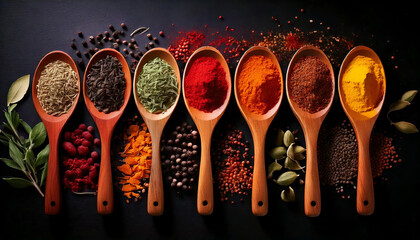 A vibrant assortment of spices and herbs displayed in rustic wooden spoons on a cheerful, multicolored background.