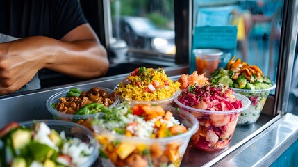 Obraz premium A Hawaiian-themed food truck serving poke bowls with fresh fish rice and tropical toppings.