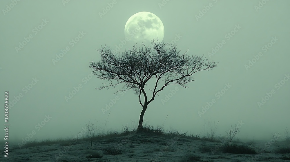 Poster solitary tree in moonlight: a single, bare tree stands sentinel against a backdrop of misty twilight