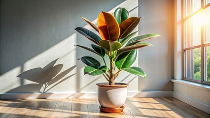 Fototapeta premium Lush Ficus Elastica Houseplant in Ceramic Pot, Bright Interior Design