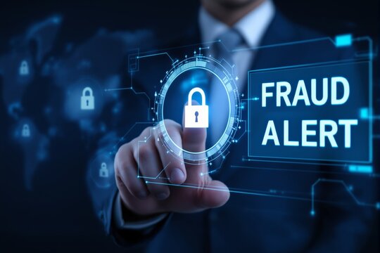 Digital fraud alert interface with lock icon, glowing blue on dark background.