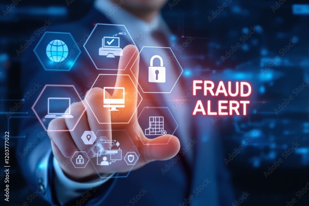 Poster Fraud detection concept with digital icons and warning text in futuristic background.