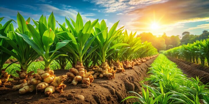 Lush Ginger Plantation: Rows of vibrant ginger plants under bright sunlight with a shallow depth of field focusing on the foreground.
