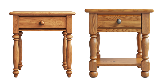 Traditional wooden bedside tables, single drawer design, ornate turned legs, warm oak finish, isolated on transparent background, suitable for vintage interiors