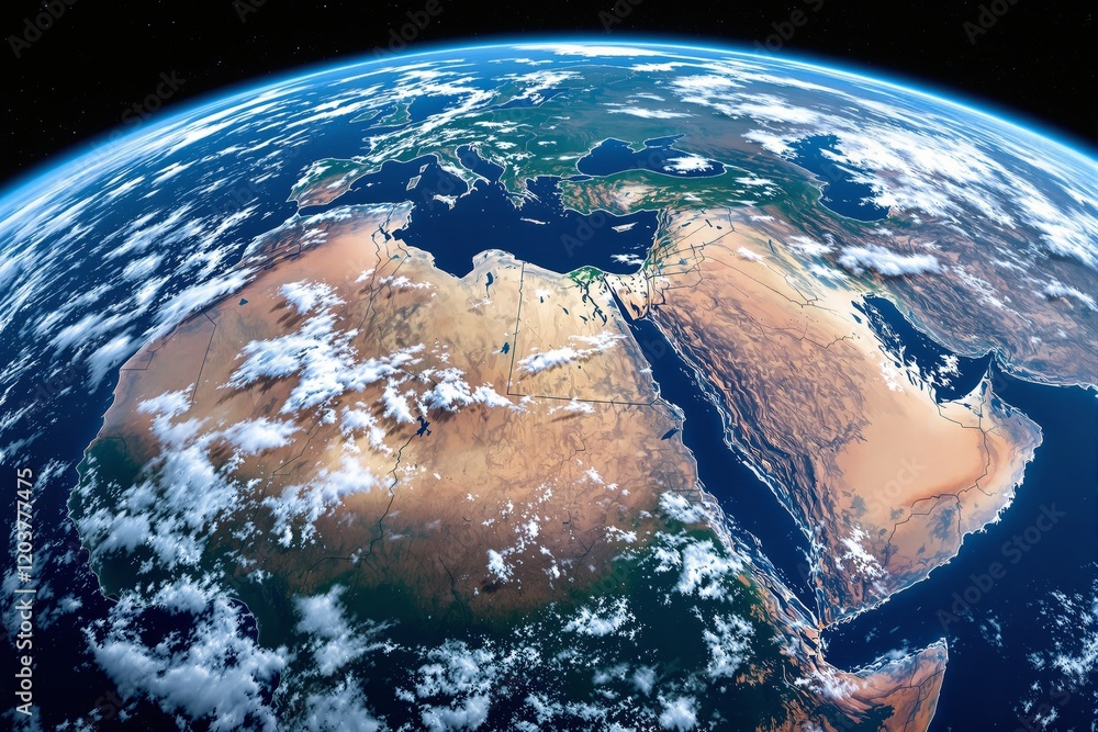 Poster View of Earth from space showing Africa and the Middle East, clouds scattered over the land and ocean, with clear atmospheric boundaries.