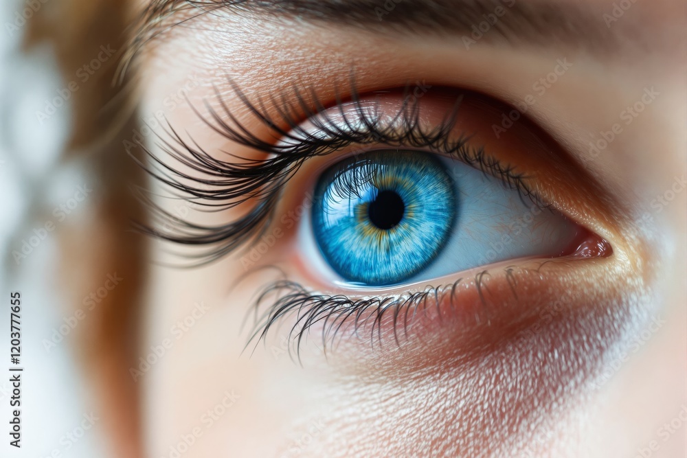 Poster close-up of a blue eye with detailed iris and long eyelashes, showing vibrant colors and a creative 