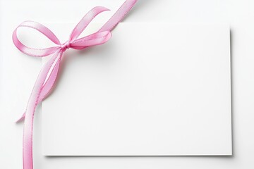 Blank white card with pink ribbon on white background, symbolizing elegance, celebration, care, and awareness. Perfect for gift ads, weddings, and charitable campaigns