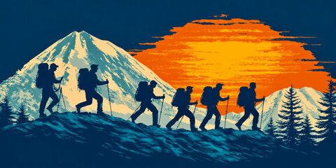 A group of hikers reaching the peak of a mountain at sunrise, celebrating teamwork and perseverance amidst breathtaking scenery