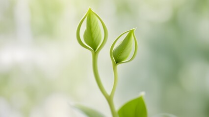 Fototapeta premium Close-up of two delicate green plant buds unfolding against a soft, blurred background.