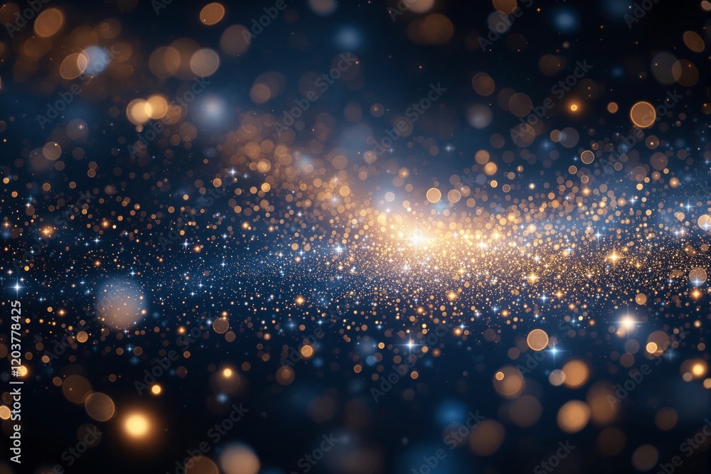 Poster Abstract background with golden light bokeh effects on dark blue backdrop.