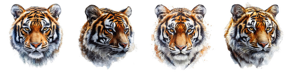 Obraz premium Dynamic Watercolor Portrait of a Tiger Showcasing Striking Stripes in Vibrant Colors and Detailed Stitched Texture