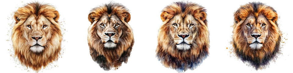 Fototapeta premium Majestic Watercolor Lion Portraits in Clipart Style for Artistic and Creative Projects