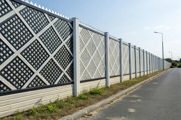 Fototapeta premium A modern trellis fence with interlocking diamond-shaped panels in a bold geometric pattern, modern trellis, garden support, garden feature