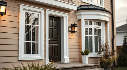 Elegant Home Exterior: Modern Architecture and Classic Design.  Luxury Real Estate Property with Stunning Facade and Landscaping.