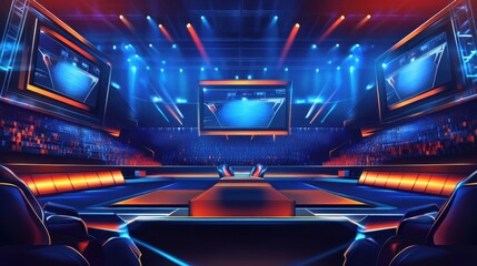 Futuristic esports arena with vibrant lighting, empty seats, and large screens displaying action