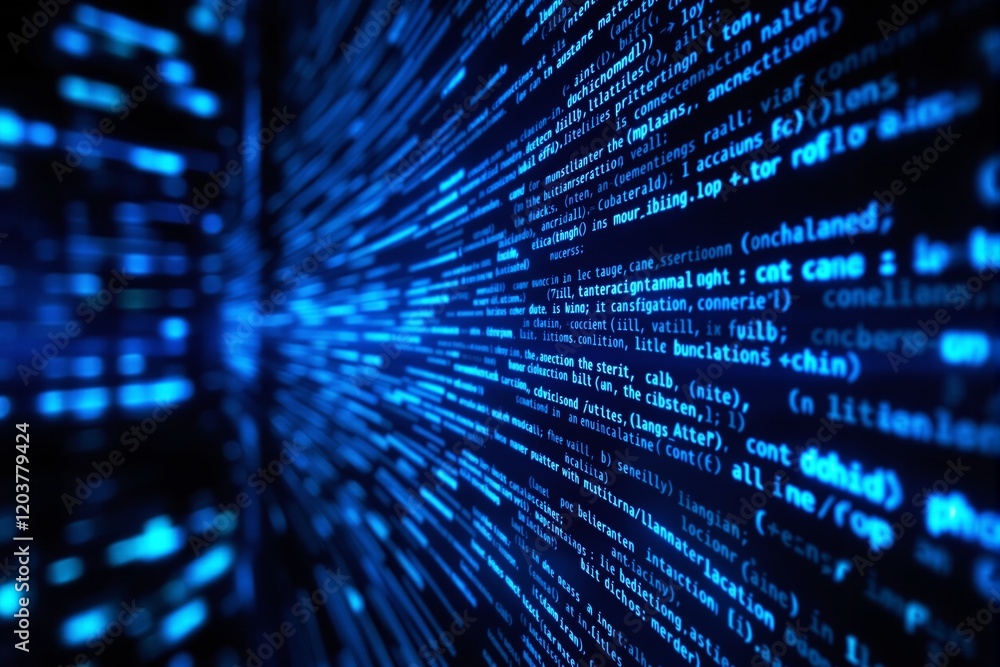Poster Abstract image of flowing blue code and data on a black background.