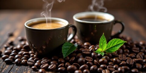 Fototapeta premium Two steaming cups of dark roasted coffee nestled amongst aromatic coffee beans and vibrant green leaves on a rustic wooden surface, inviting a moment of quiet contemplation and warm enjoyment.
