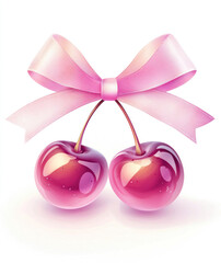 Fototapeta premium Pink bow on top of two cherries, cherry on white background as design element